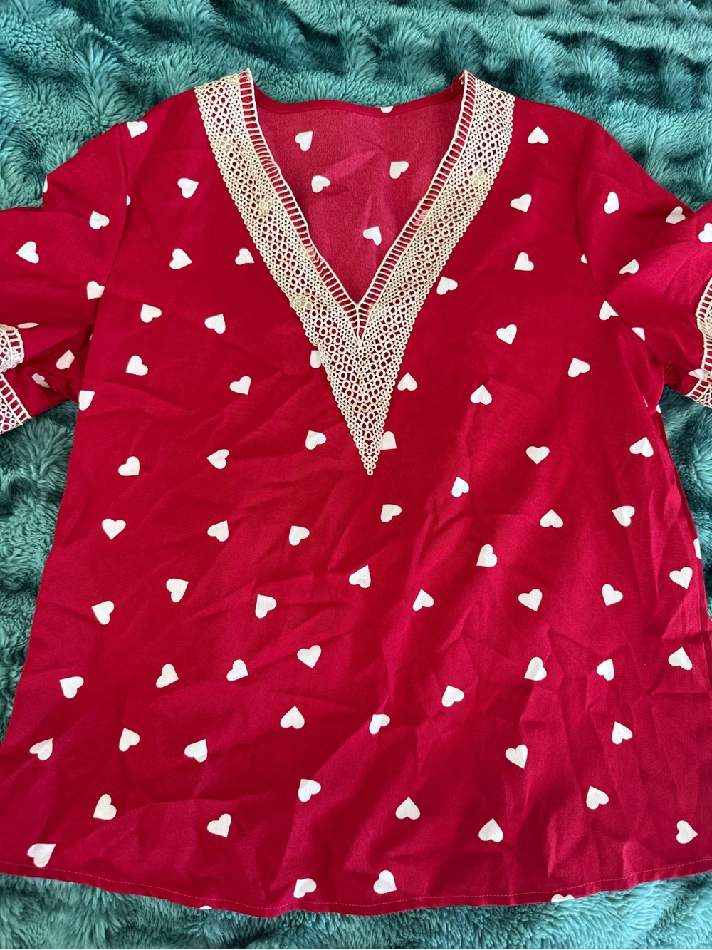 SHEIN Red Heart-Print V-Neck Tunic with Cream Lace Trim